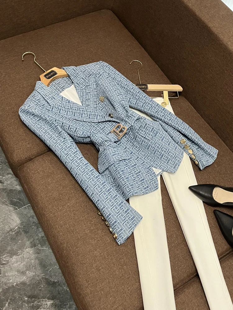 

Ele Deep Blue Women's Suit Jaet oulder Pads Slim Fit Commute Sle Double Button ket Detail Pure Color Long Sve