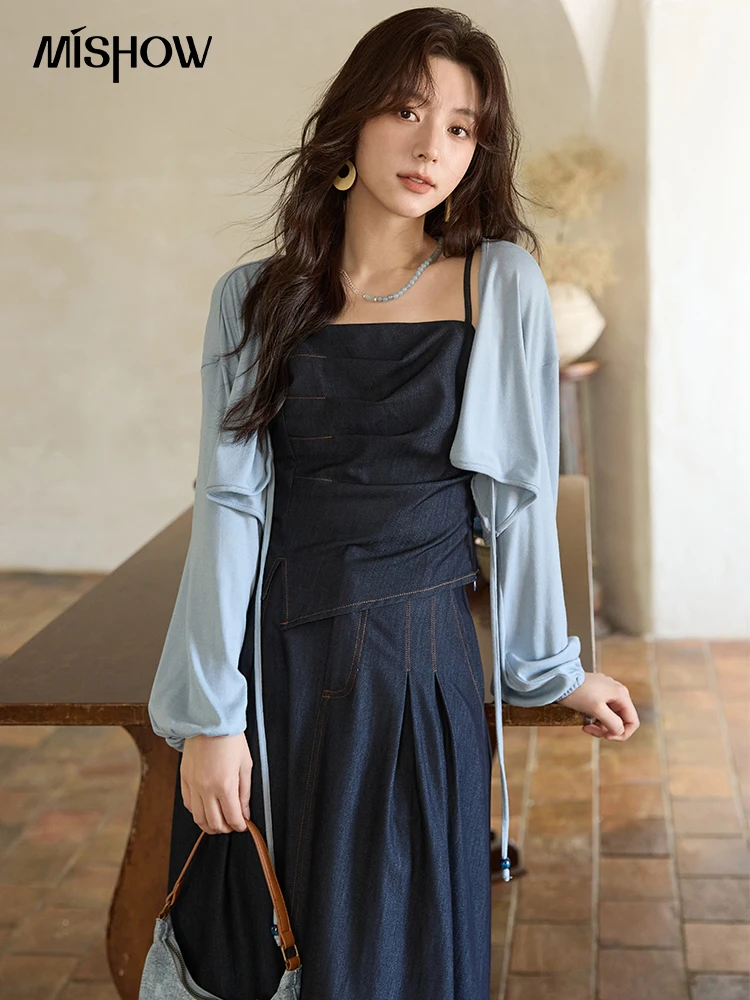 

MISHOW Imitation Denim Casual Camisole Desses for Women Autumn 2025 Solid Lace-up Cardigan Separately (Not A Set) MXE41T0693