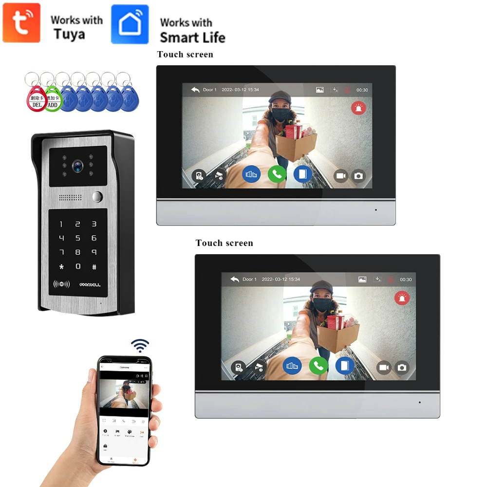 7 Inch 4 wire 1080P Video Doorbell Intercom System with 1080P Wired Door Camera Tuya App password RFID&Monitor Unlock