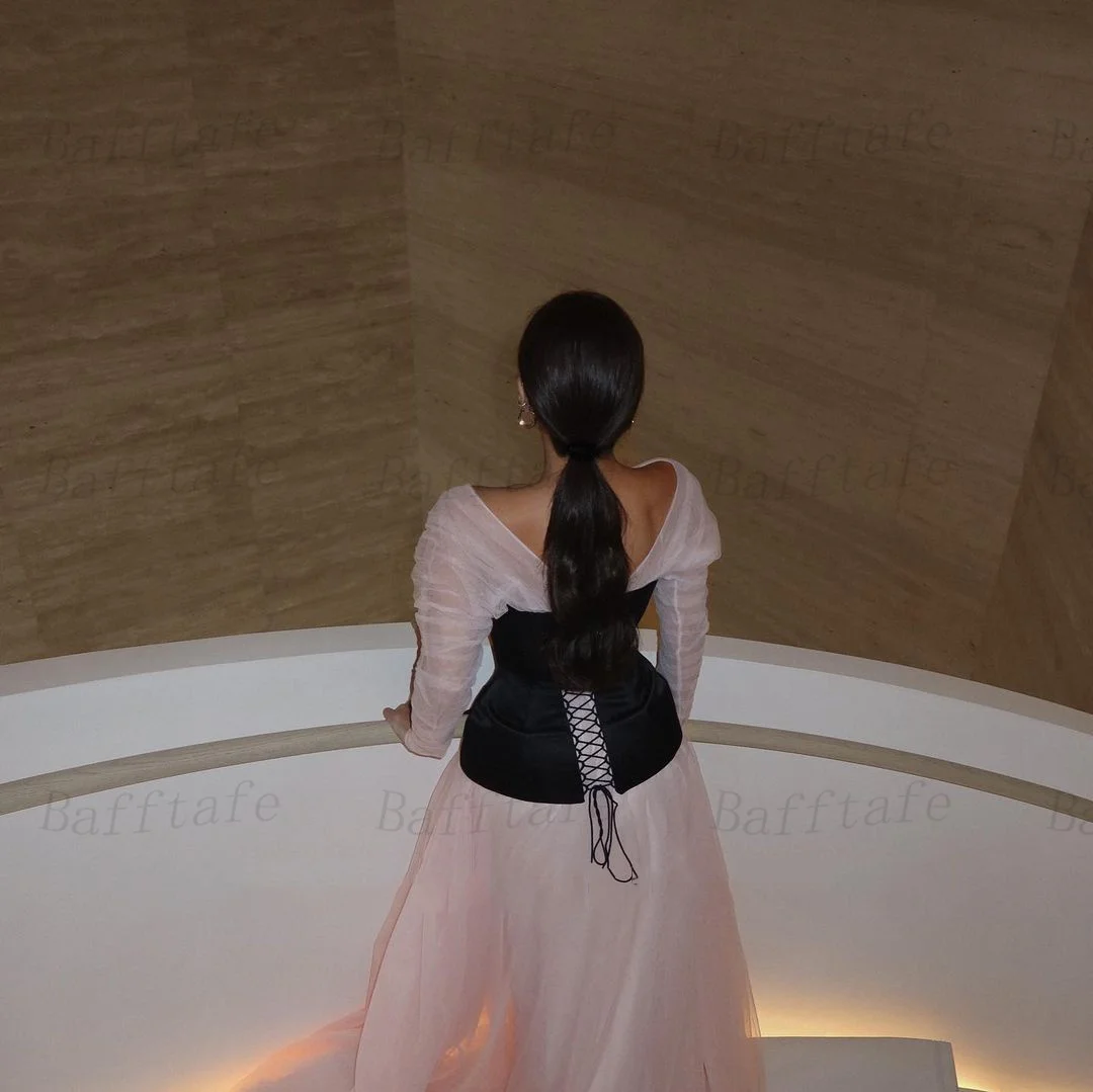 Bafftafe Customized Pink Tulle Black Satin Women Prom Dresses Long Sleeves Corset Back Formal Evening Party Special Gowns