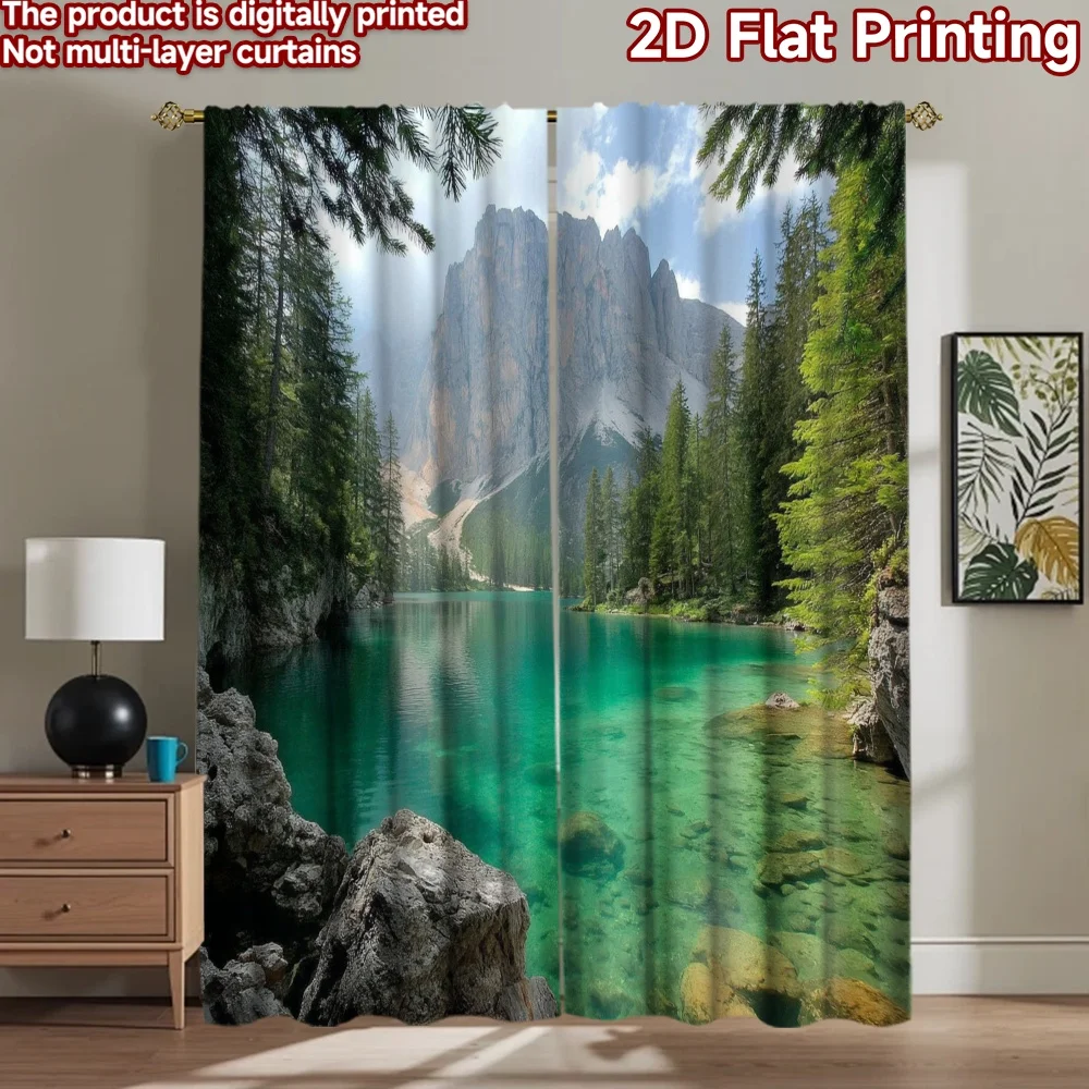

2D flat printing 2pcs Drapes Beautiful Lake Mountain Scenery Digital Printed Polyester Drapes Family Party for Drapes for