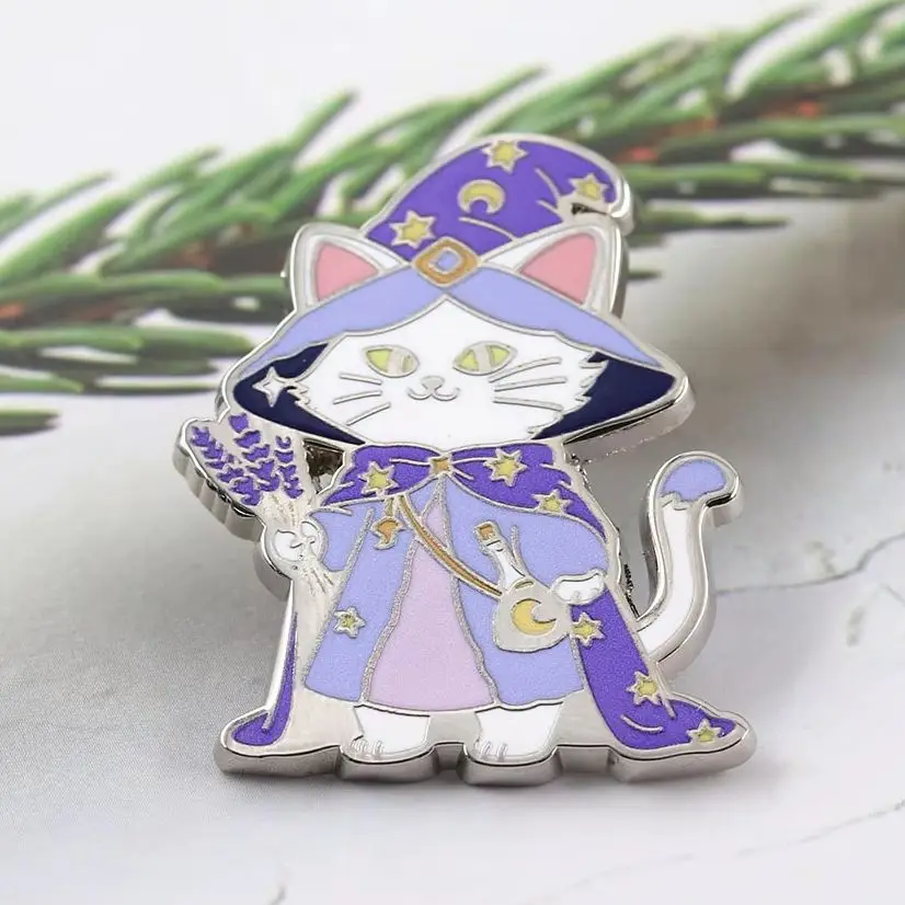 Cute Wizard Cat Enamel Pins Magical Witch Cloak Kitten Brooches Lavender Flower Badge Backpack Lapel Pin Spooky Jewelry Gift for
