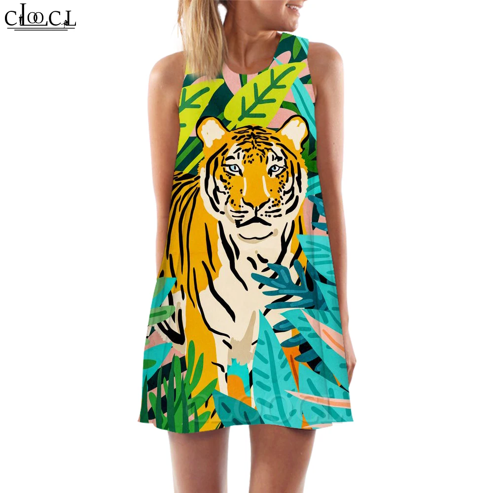 

CLOOCL Summer 2022 Women Tank Dress Jungle Tiger Printed Vest Dress Sleeveless Short Dress Fashion Sexy Dress for Women Club