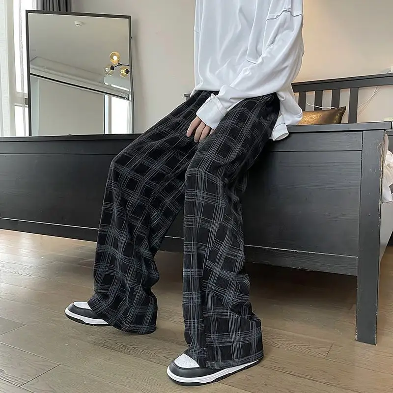 Vintage Plaid Trend Straight Pants Spring Autumn New Elastic Waist Loose Casual Wide Leg Sports Pants Fashion Korean Men Clothes