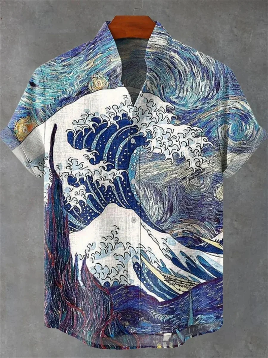 2025 Hawaii 3D Printed Men's Casual Fashion Short Sleeve Shirt Collared Linen Button Top, Comfortable and Breathable New Trend