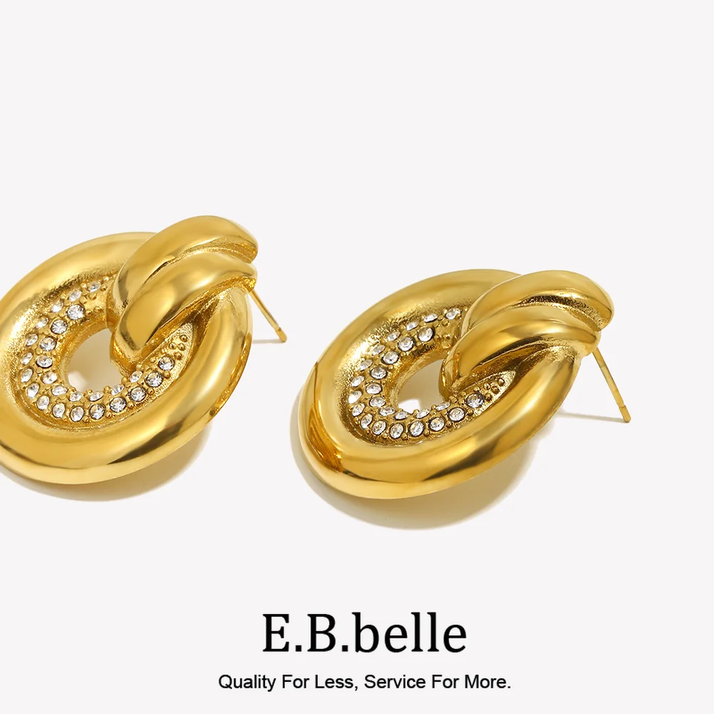 E.B.belle New Classic Rhinestone Round Earring Elegant Style Stainless Steel Waterproof 18K Gold Plated Women Jewelry For Party