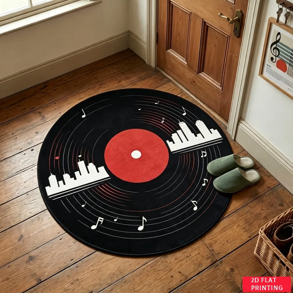 Retro Black Vinyl Record Red Label White Groove Round Carpet For Music Lounge Or Entryway With Classic Audio Carpet Vibe