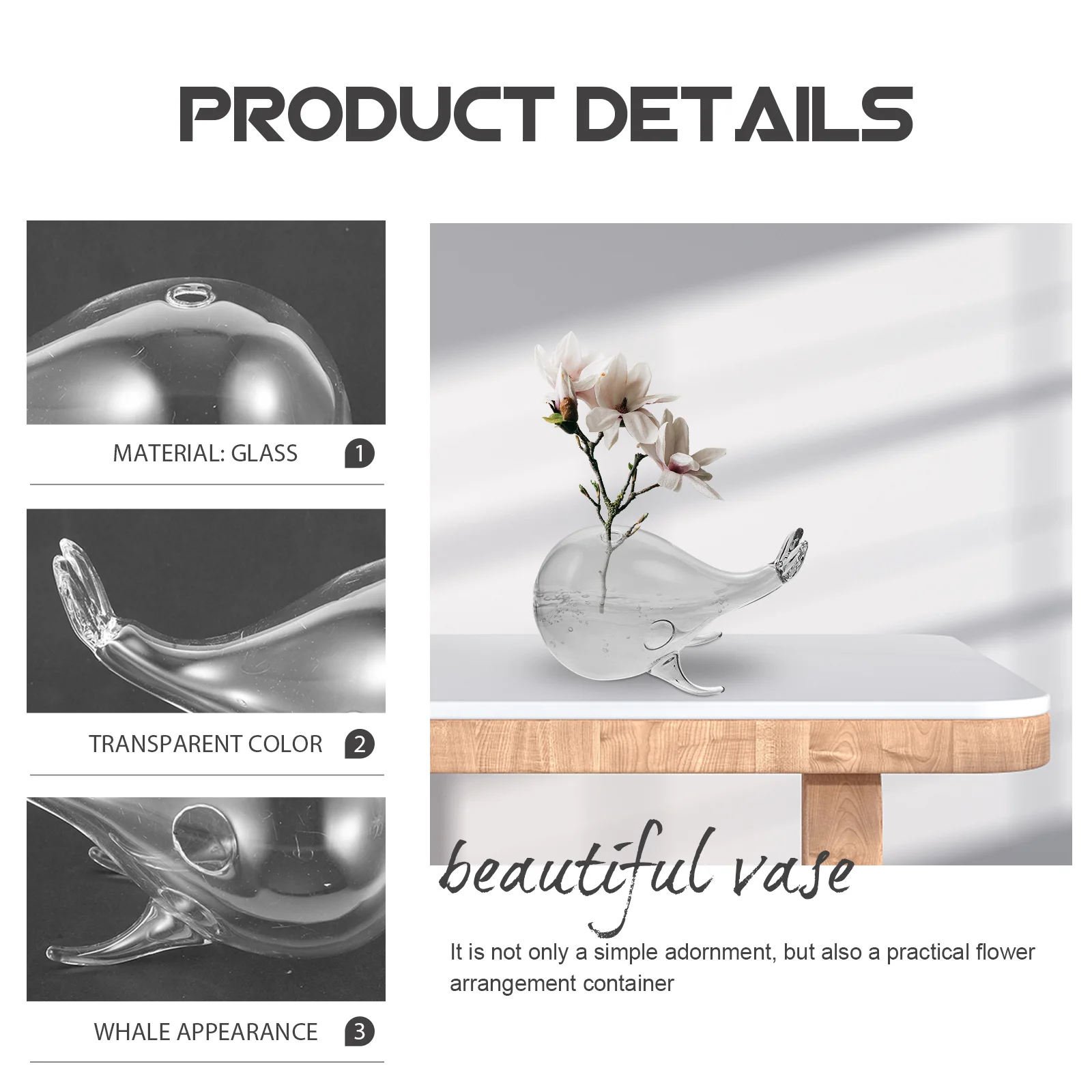 

1Pcs Whale Vase Desktop Flower Arrangement Holder Flower Pot for Home Office Decoration Glass Vase