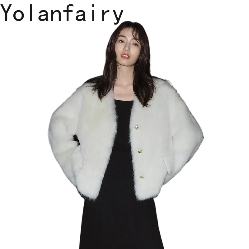 

YOLANFAIRY Natural Sheep Shearling Jacket Women Real Fur Coat Elegant Short V-neck Genuine Leather Fur Coats Fashion Winter 2026