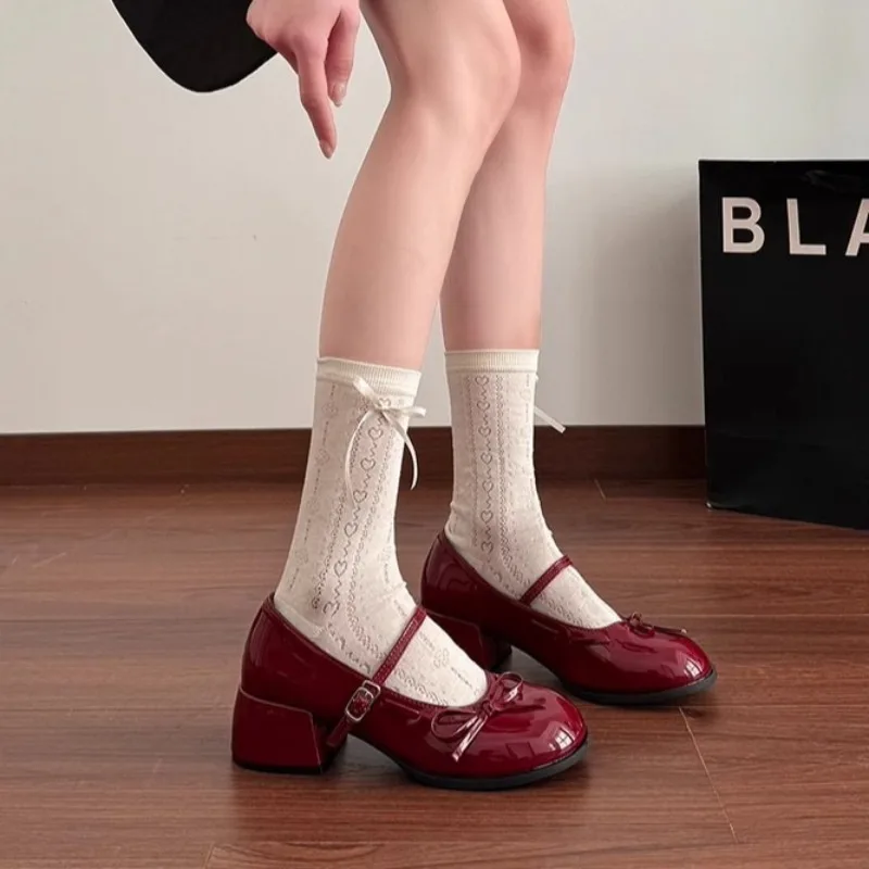 Women French Ballet Mary Jane Shoes Fashion with Bow Casual Leather Shoes Patent Leather Thick Heel Shoes Sandalias Mujer Verano