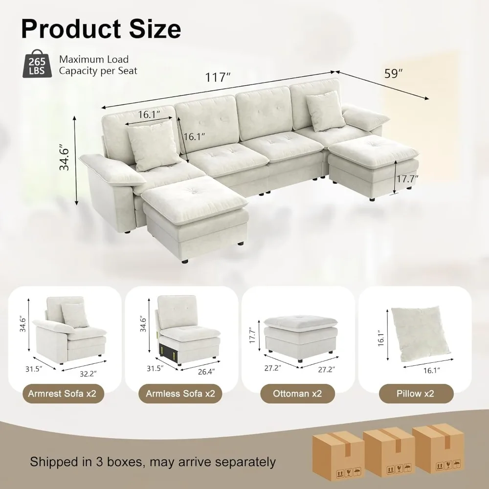 أريكة مقطعية على شكل حرف U مكونة من 6 مقاعد مع رغوة ذاكرة عالية الكثافة لمقعد مريح في غرفة المعيشة، وحدات كبيرة الحجم مقاس 117 بوصة #2