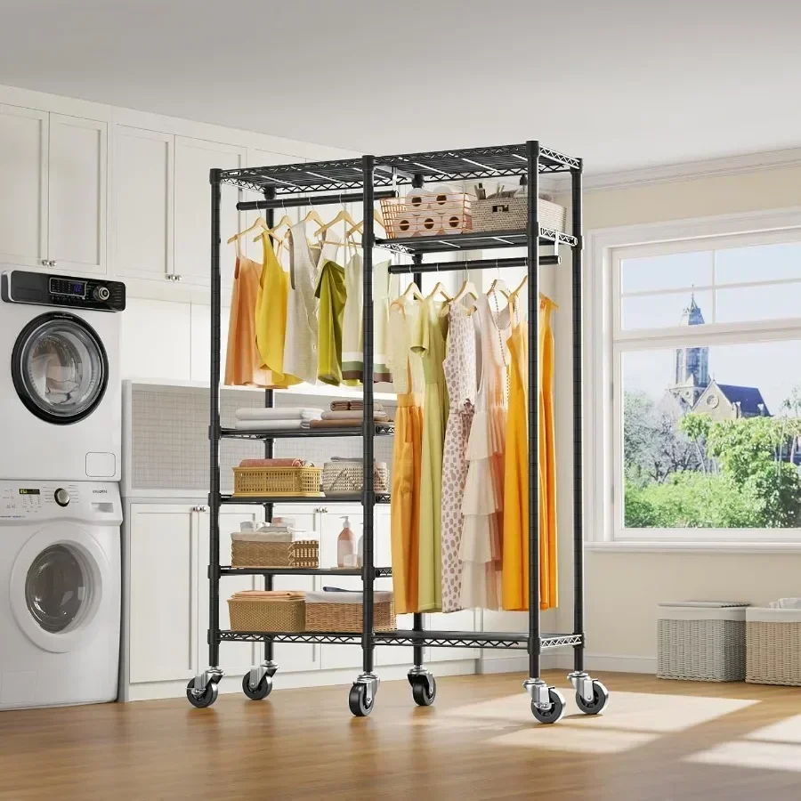 Rolling Clothing Rack, Garment Rack with Movable Wheels