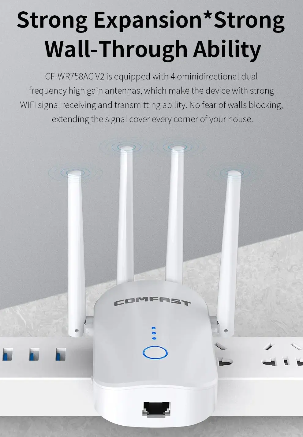 COMFAST 1200Mbps WiFi Repeater 2.4G/5.8G Wireless Range Extender Router 4 Omnidirectional Antenna WiFi Coverage CF-WR758ACV2