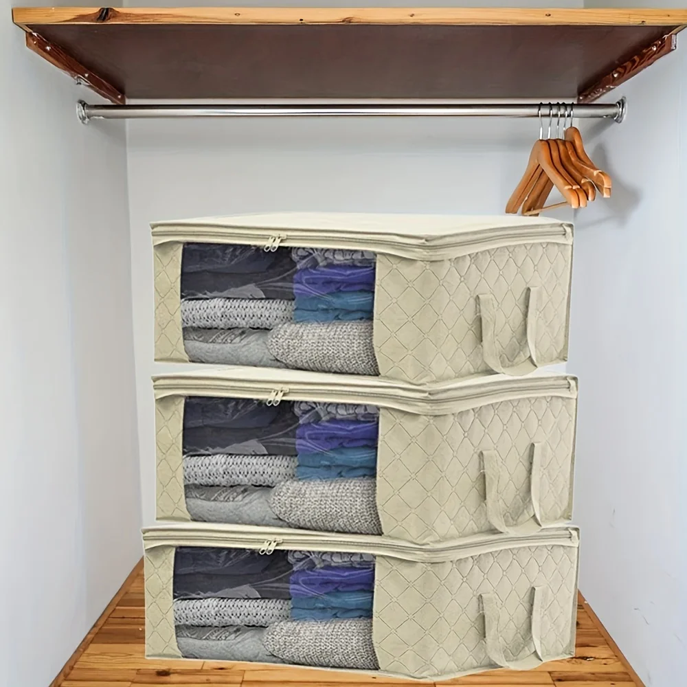 

3Pcs clothes bag foldable bin closet organizer with reinforced handle sturdy fabric window for sweaters, coats, t-shirts