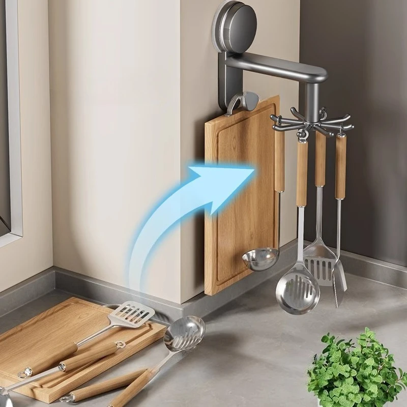 360 Rotating Suction Cup Hooks Wall Mounted for Kitchen Utensil Organizer Spatula Spoon Holder No Drill Anti Drop Rack