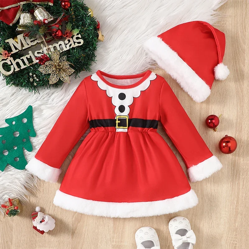 

SUNSIOM 0-18 Months Baby Girls 2Pcs Christmas Outfits Long Sleeve Belt Print Romper Dress with Santa Hat Set Newborn Clothes