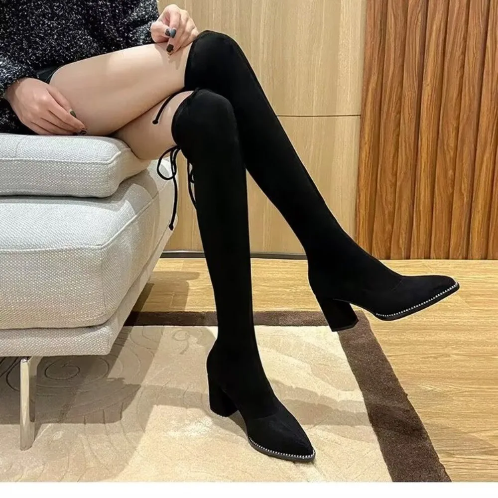 

Women's Warm Chelsea Sock Boots Winter Mid Heels Over The Knee Boots Gladiator Motorcycle Platform Shoes Zapatos De Mujer