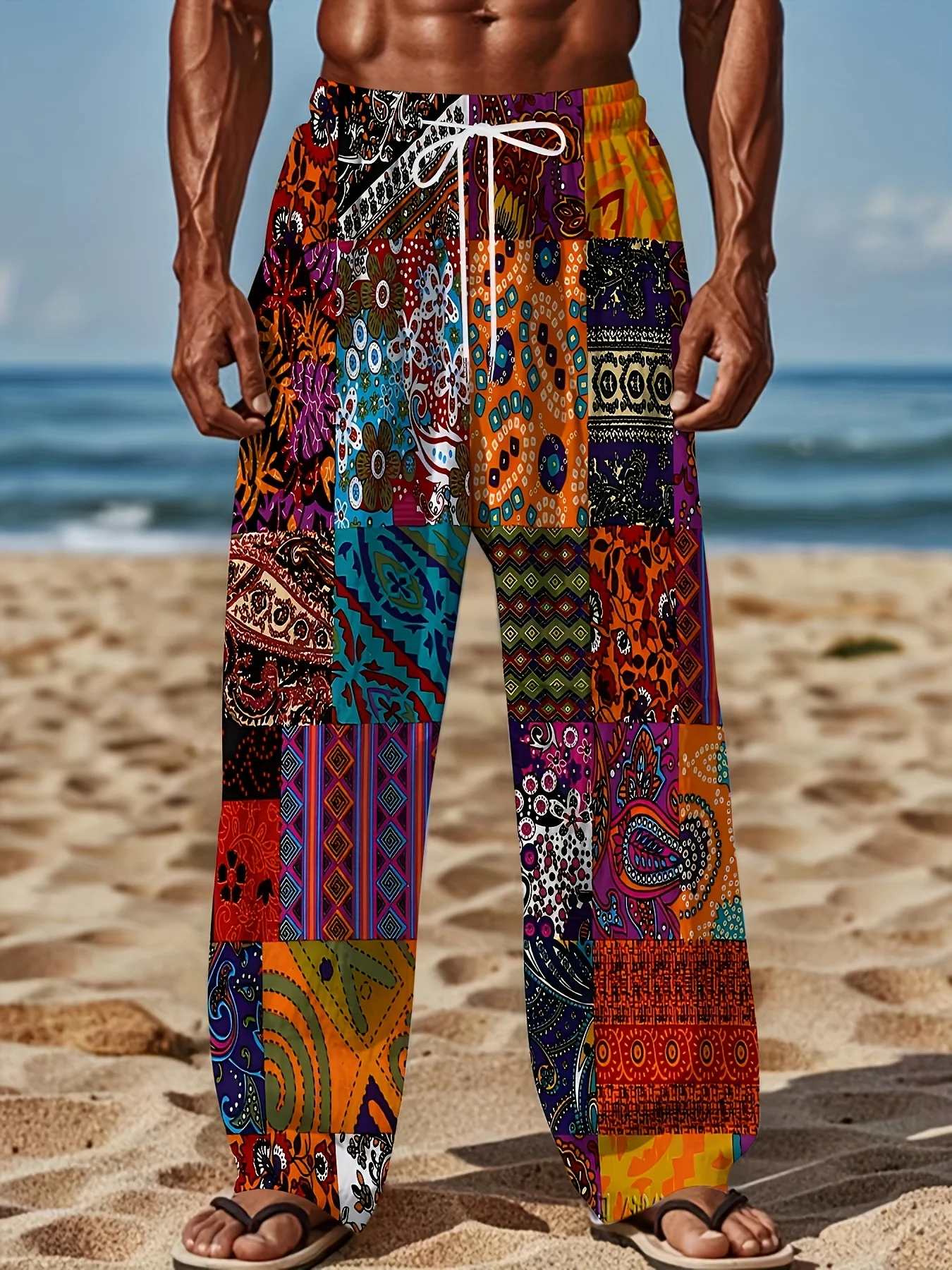 Men Casual Pants Bohemian Paisley Patchwork Print Drawstring Loose Trousers Beach Vacation Daily Wear Men's Clothing
