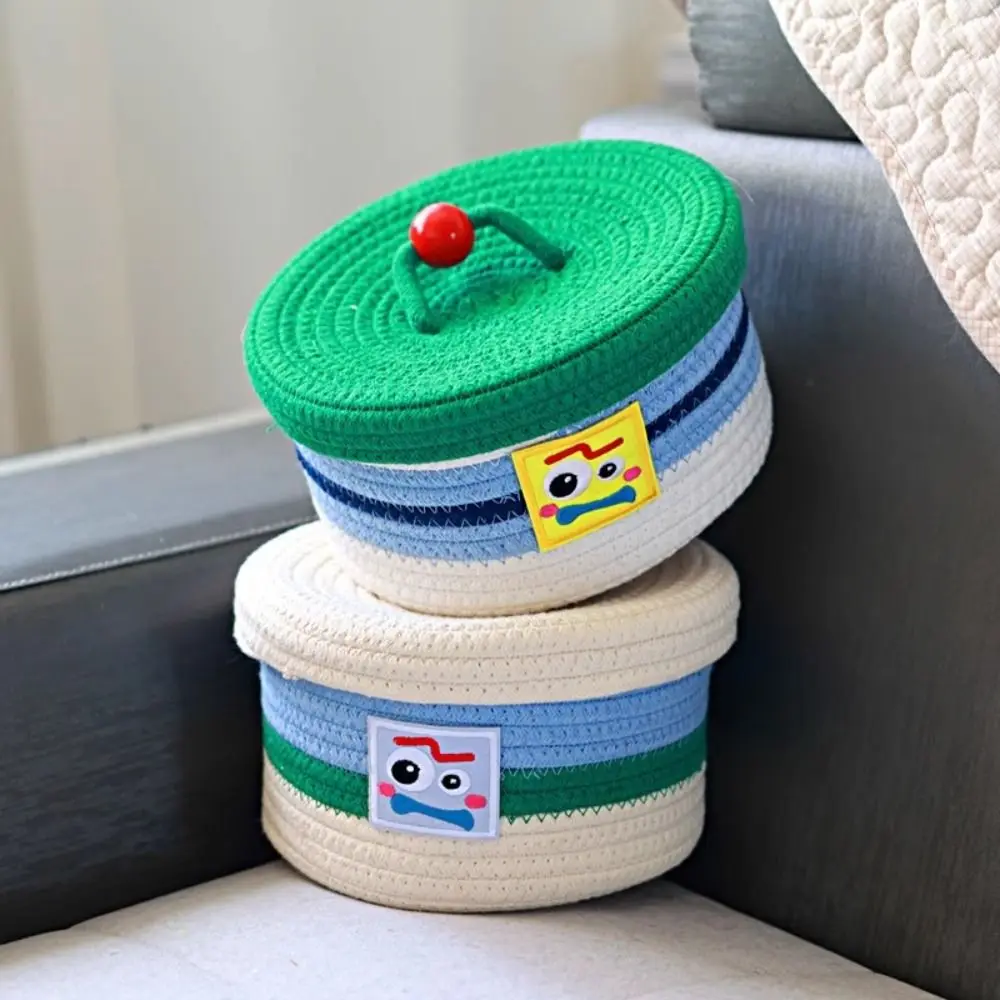 Creative Cotton Rope Woven Desktop Storage Basket with Lids Round Sundries Organizer Colorful Household Cosmetics Storage Box