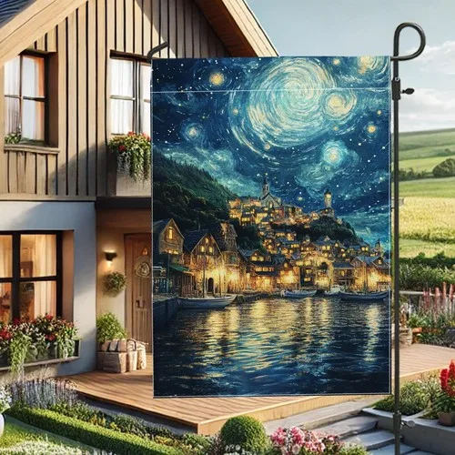 Starry Night Garden Flag, Blue Swirling Sky Landscape Garden, 12x18 Inch XXQ