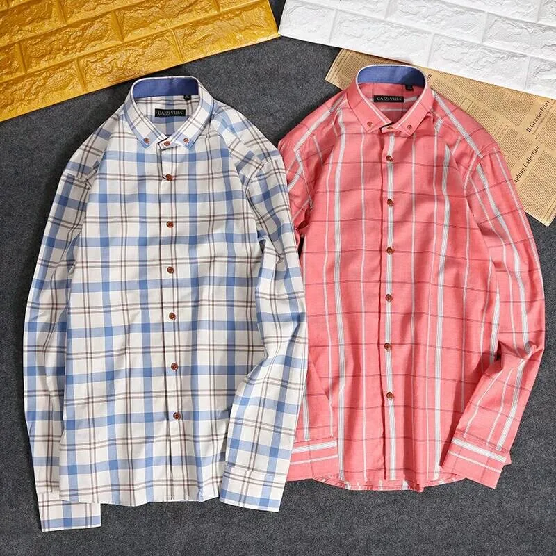 Men\'s Cotton Long Sleeve Plaid Dress Shirt Button Down Checkered Pocketless Design Casual Luxury Brand Male Social Shirts