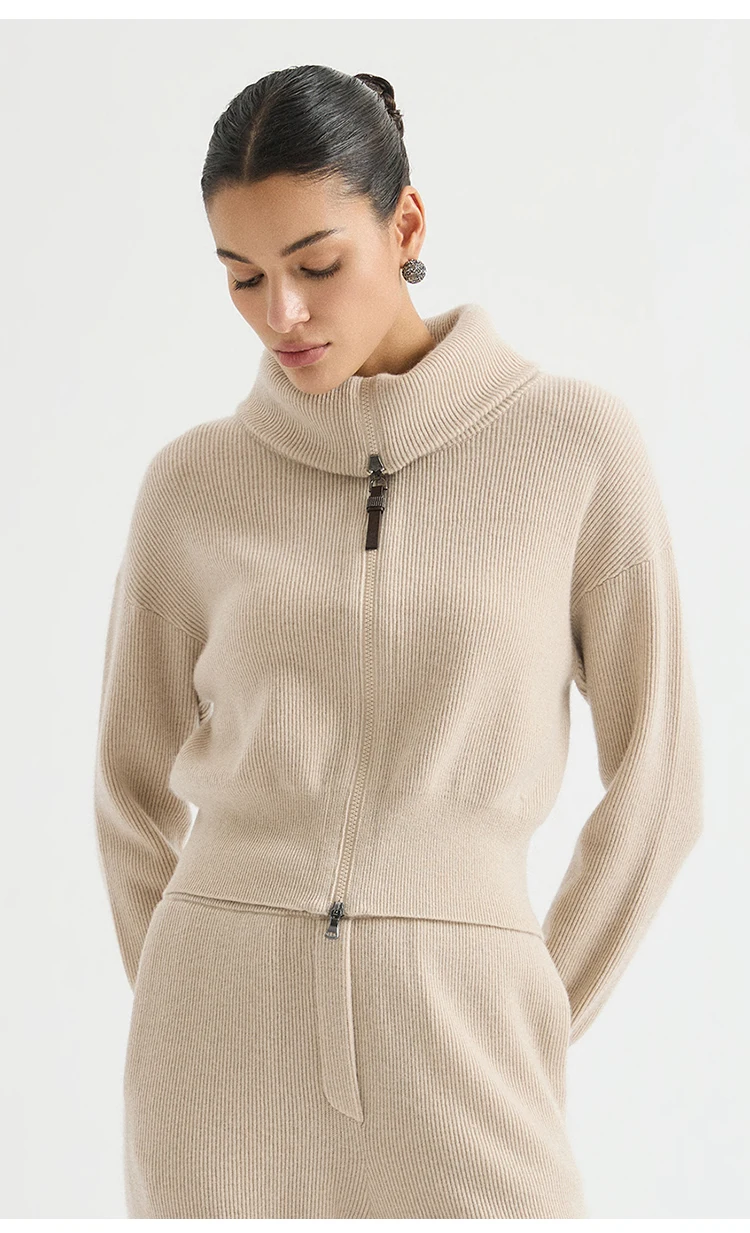 BY4621737 Damen Oversized Revers-Woll-Kaschmir-Mischung Englischer Rippstrick Reißverschluss-Cardigan mit Lederzuglasche Dezente Bürokleidung Herbst – Detail 6
