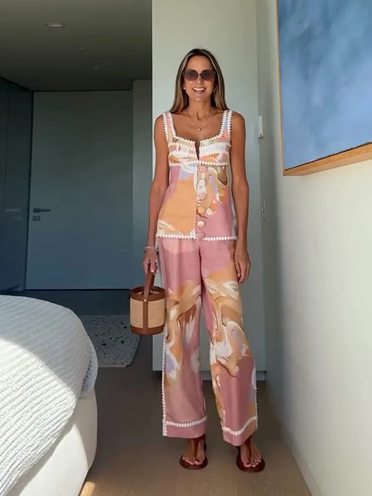 

Летний шикарный комплект из двух предметов для женщин - брючный костюм с принтом, лоскутный топ с квадратным вырезом и эластичной резинкой на талии, повседневные костюмы