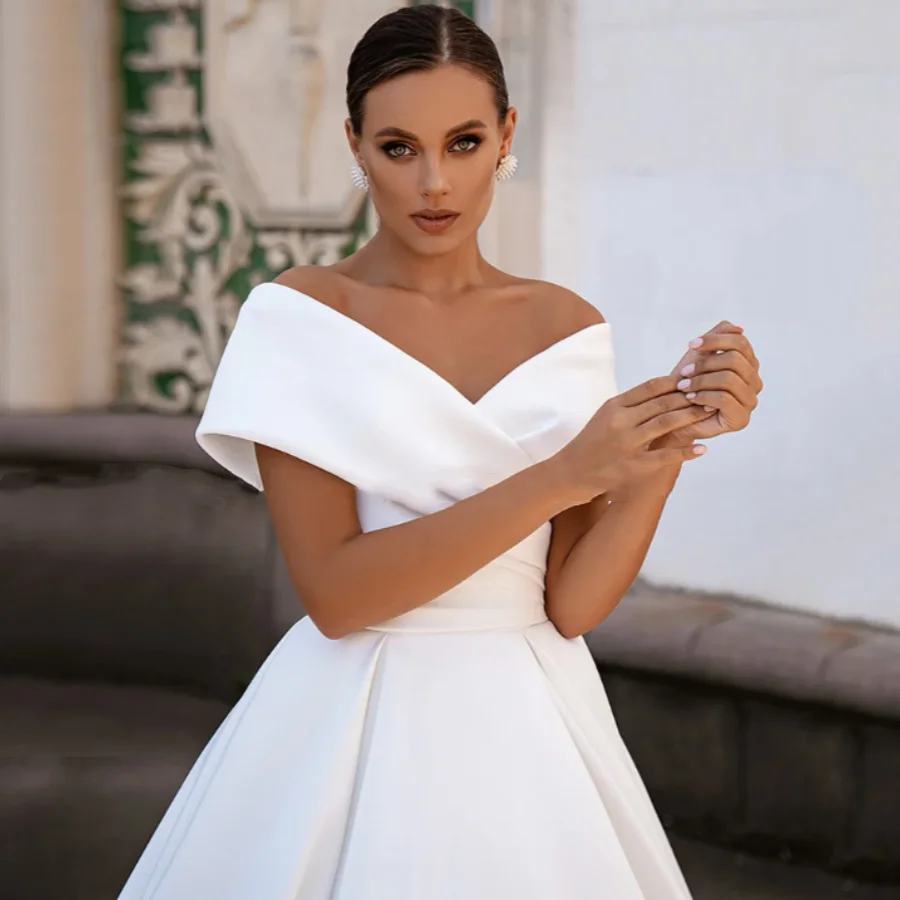 OUSIRUI V Neck Simple Satin Wedding Gown Sweep Train Gorgeous Ball Gown Wedding Dresses Off The Shoulder  Corset Bridal Dress