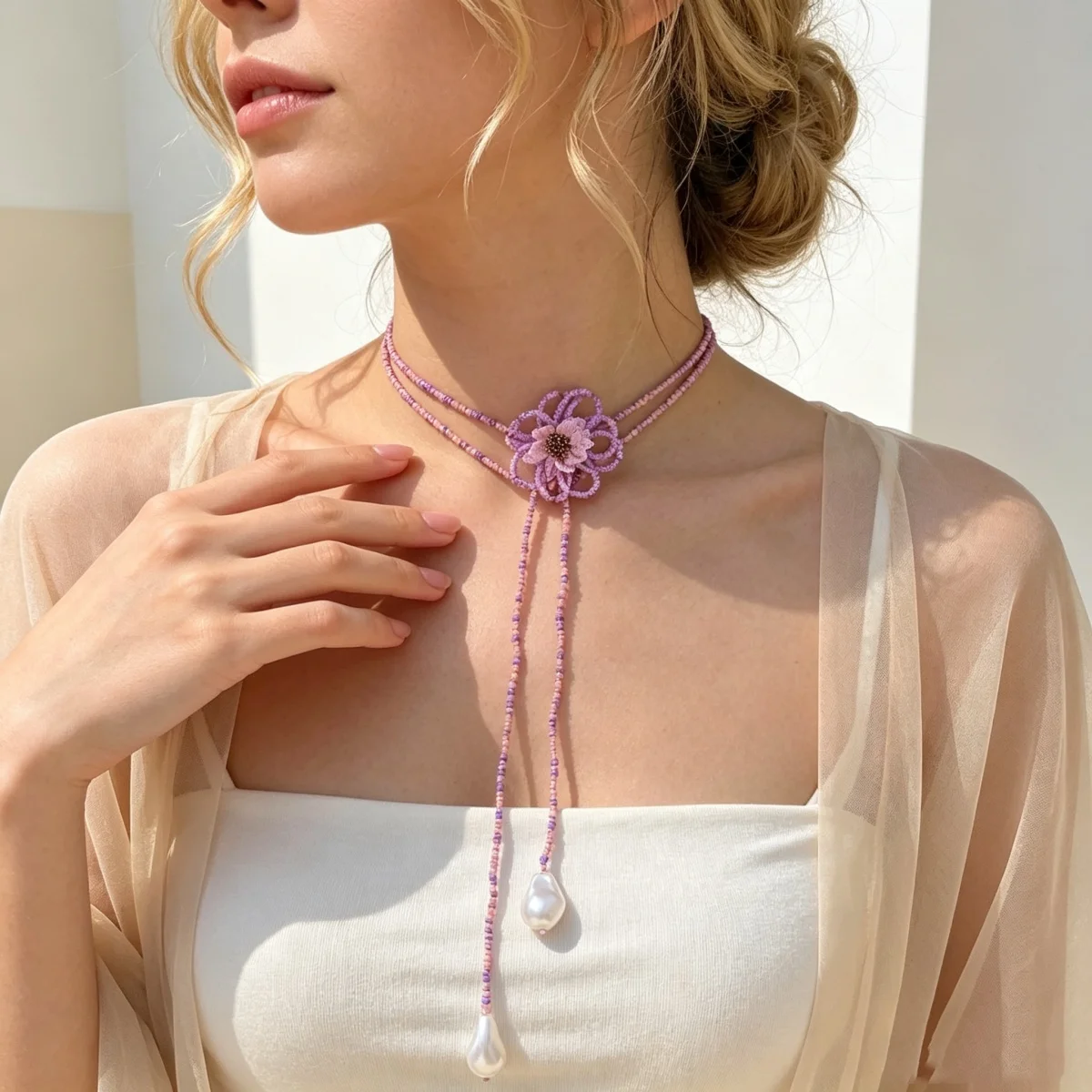 Böhmische handgefertigte Halskette mit gewebten Reisperlen und Blumenmuster für Damen, barocke Kunstperlen-Quastenkette, lange Pulloverkette, Schmuckstück – Detail 8