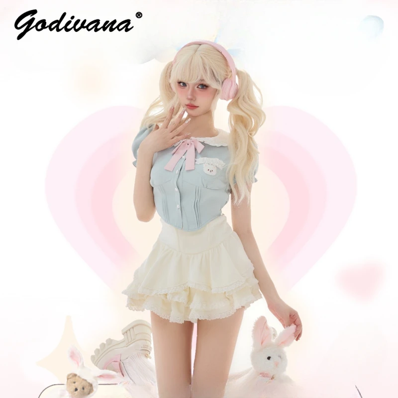 

Summer New Fashion Women's Sweet Puff Sleeve Shirt Doll Collar Short Top White Suspender Skirt Two-Piece Suit for Girls