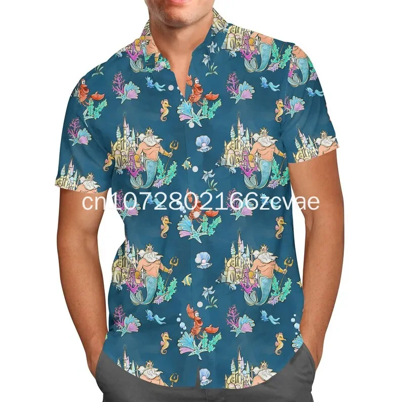 Homens e mulheres A Pequena Sereia Camisa havaiana, Disney Princesa Ariel, camisa de manga curta de botão vintage, Novo