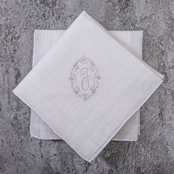 Set of 2pcs Luxurious, Elegant Pure Linen Handkerchief, Hand Embroidered, Monogram Inititals, Vintage Christmas Best Gift