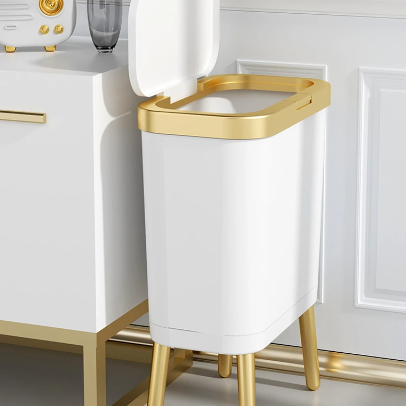 15L Large-capacity Golden Luxury Trash Can for Kitchen Bathroom Creative High-foot Press Type Plastic Waste Bins with Lid