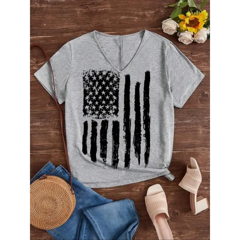 

Плюс размер 1XL-5XL, новая женская модная футболка с v-образным вырезом и буквенным принтом, женский повседневный свободный топ с короткими рукавами