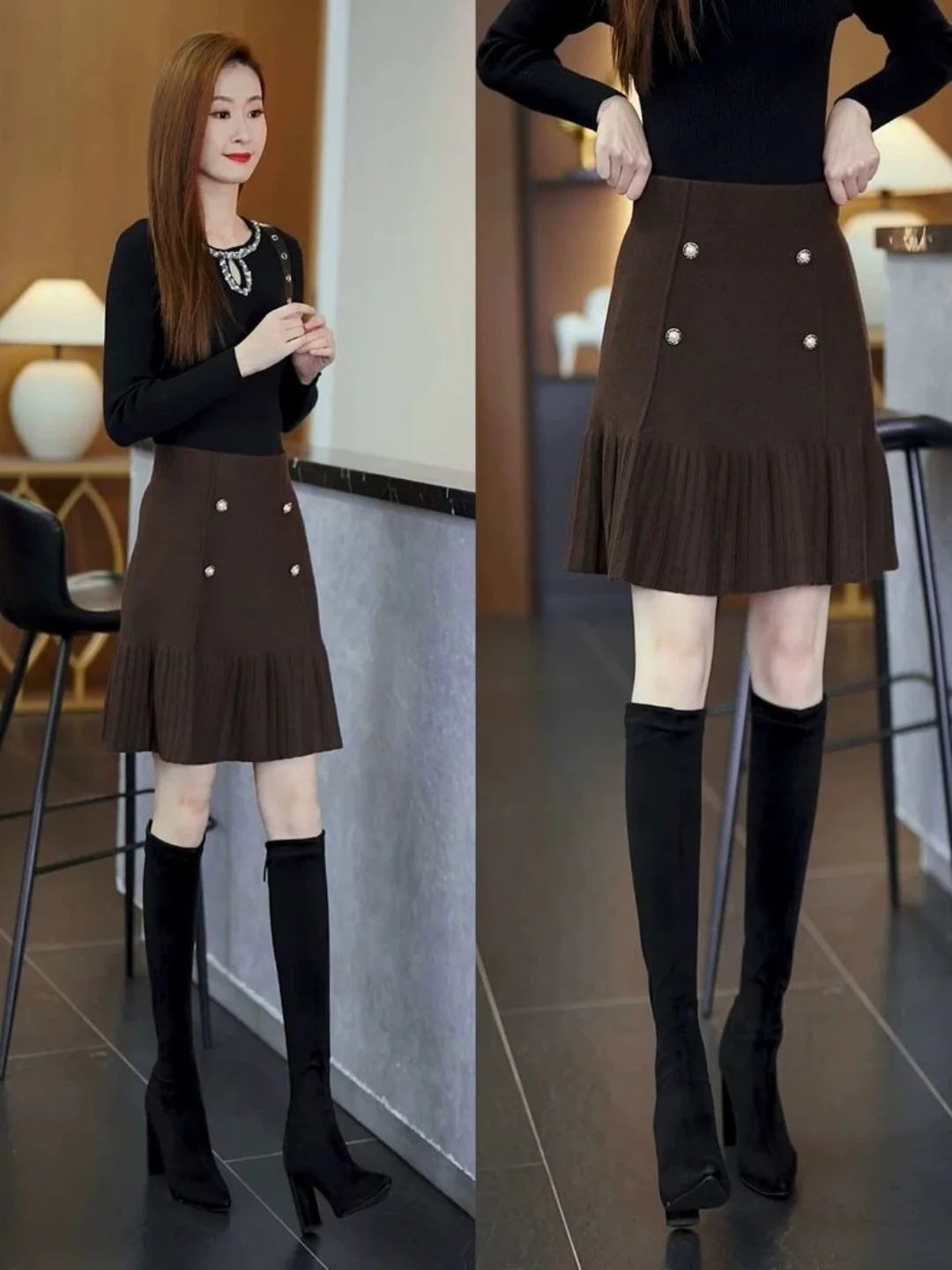 

Юбка женская корейская с высокой талией, больших размеров, плиссированная, в стиле пэчворк, утягивающая, осенне-зимняя, повседневная, свободного кроя, А-силуэт