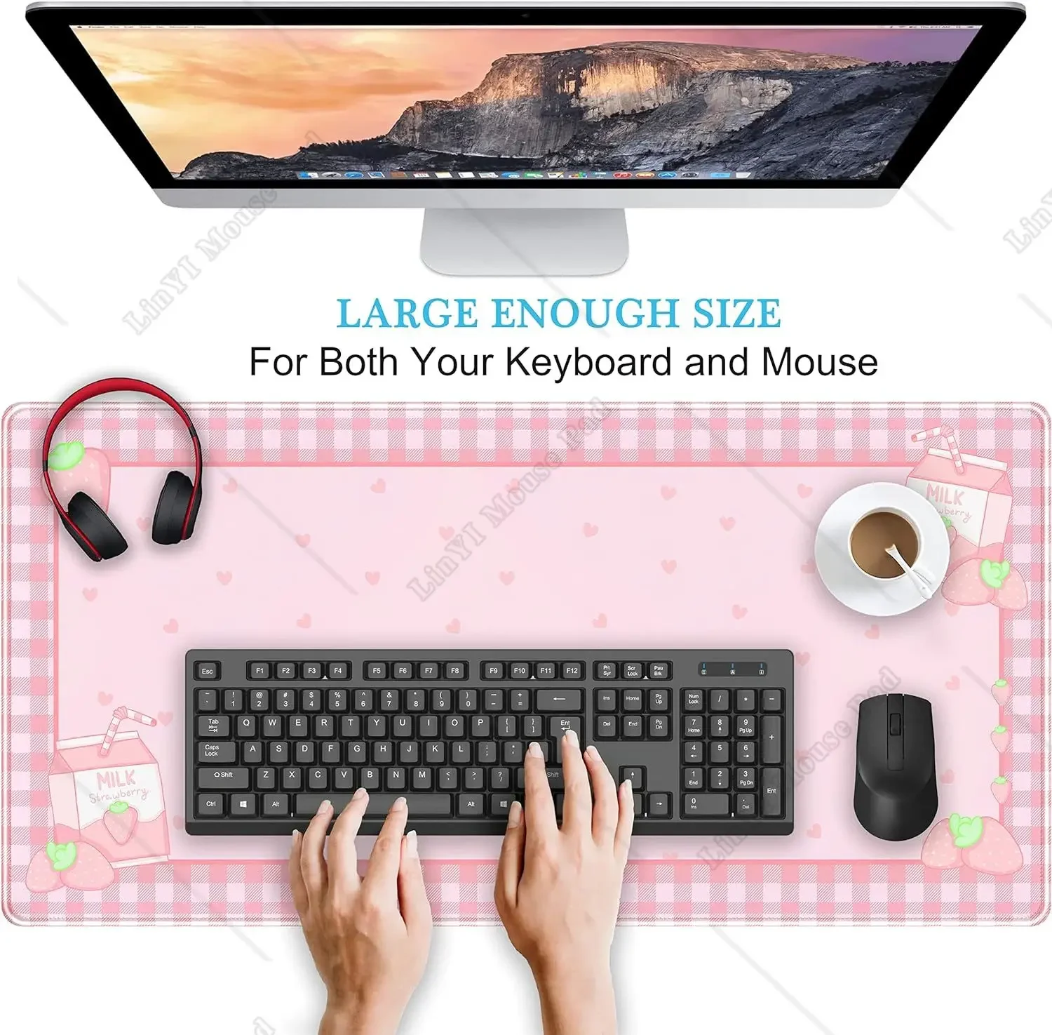 Cute Pink Plaid Strawberry Milk Gaming Desk Pad Kawaii Large Keyboard XXL Laptop Mousepad Office Decor for Women 31.5x11.8 In