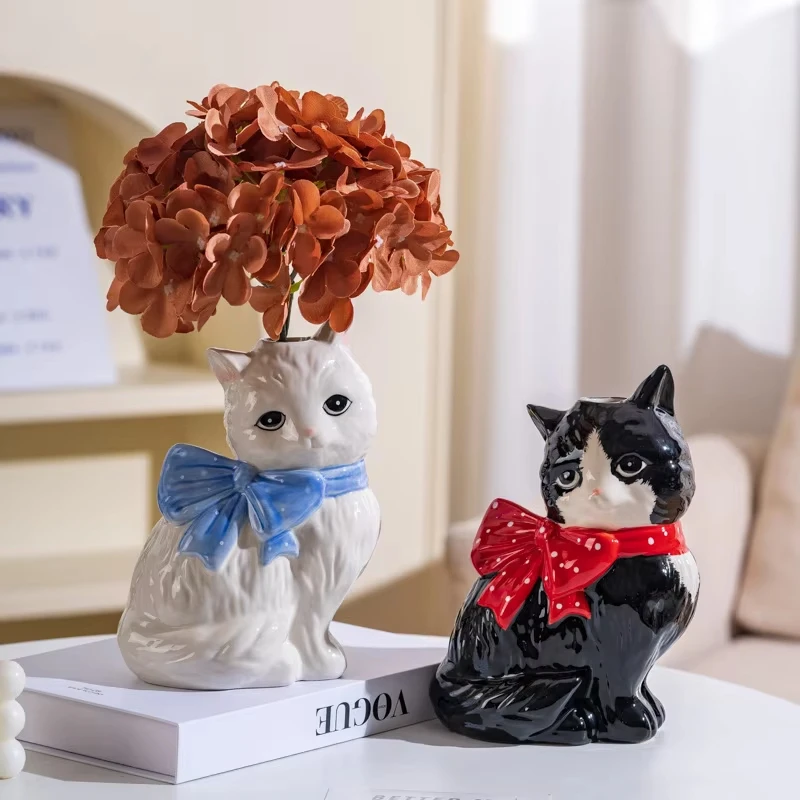 Cute Cat Ceramic Vase Art Flower Detector Creative Ornaments Light Luxury Ceramic Vase Hydroponic Flower Arrangement Accessories