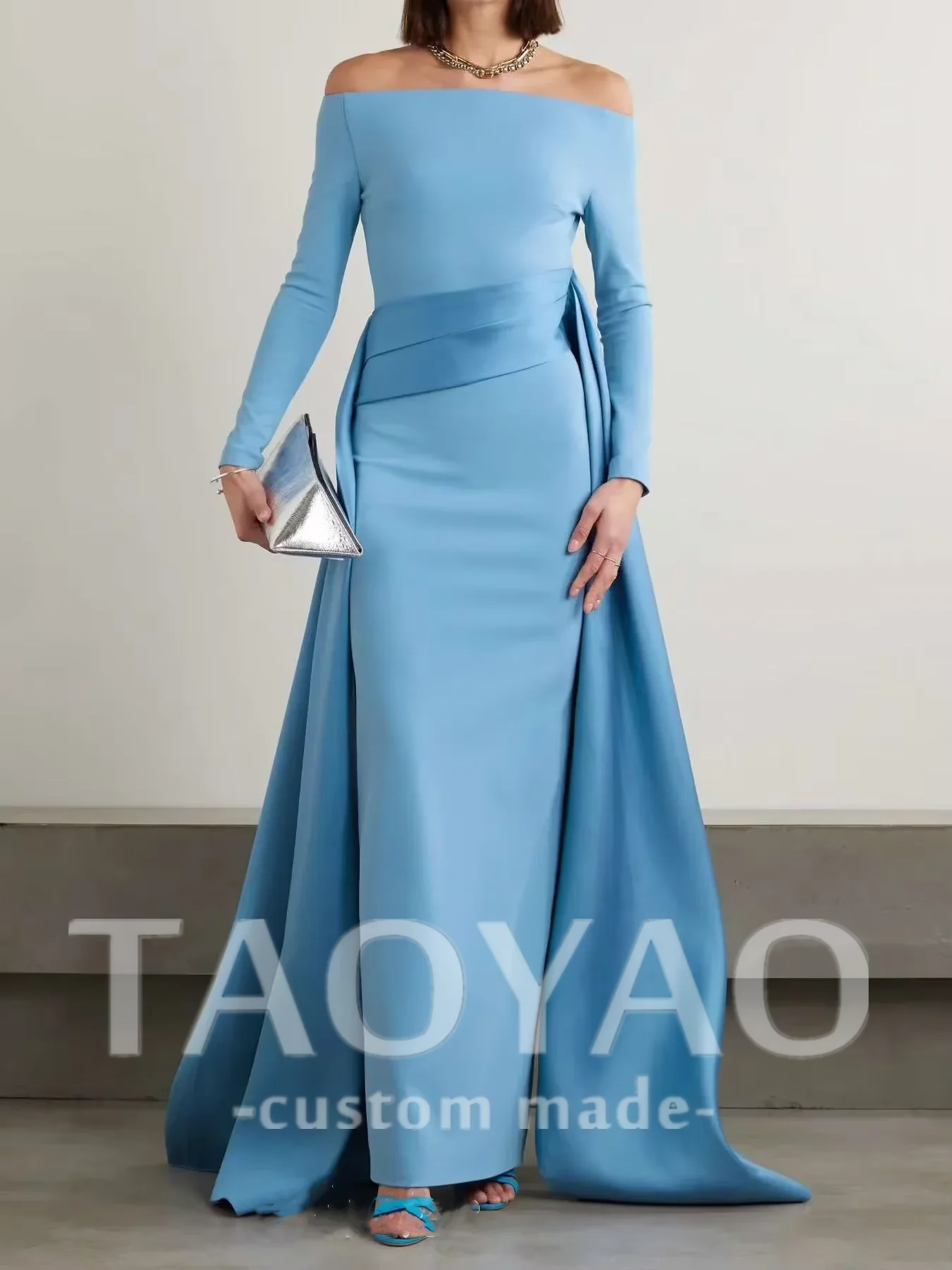 

Customized Long Sleeves Vintage Mermaid Blue Boat Neck Satin Fashion Customize Formal Occasion Prom Dress Evening Party Gowns