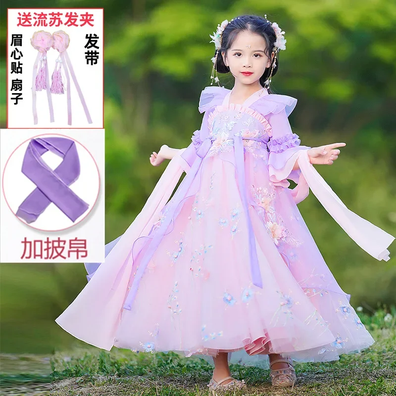 Pakaian Anak-anak Gaya Kuno Hanfu Musim Panas Anak-anak Peri Pakaian Musim Panas Baru 2025 Gaun Pertunjukan Gadis Kecil Dewa Bunga