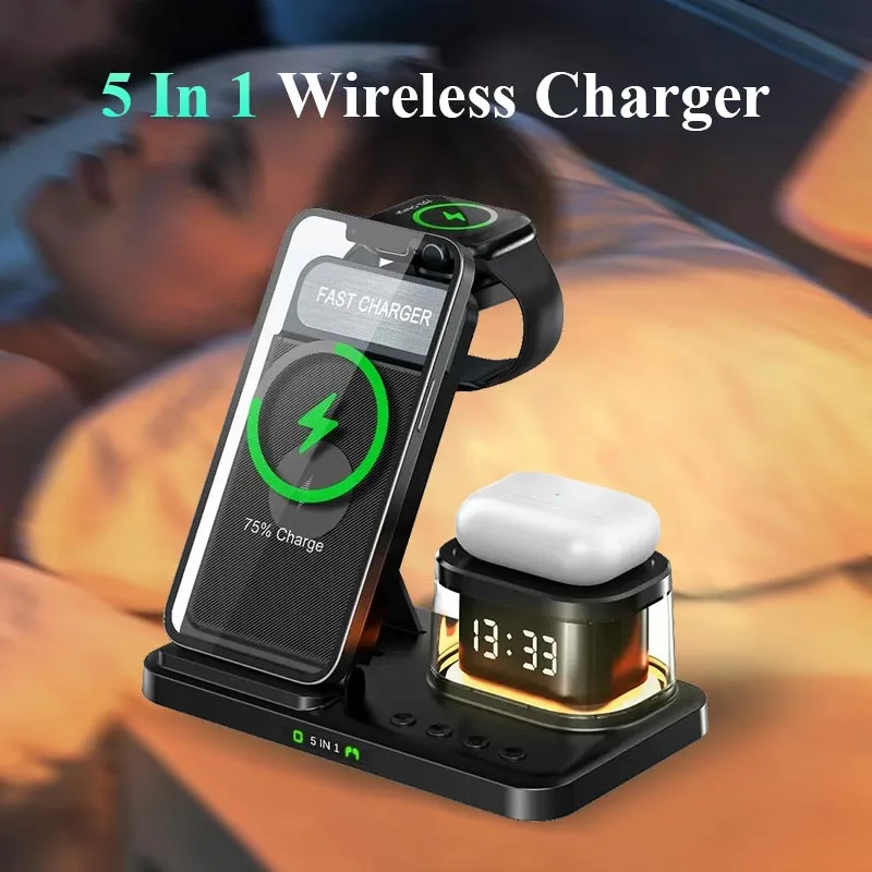 Clock Wireless Charger For IPhone 15 Pro IPhone 14 Pro Max 13 12 11 AirPods 3 2 Pro Apple Watch Type C Fast Charger