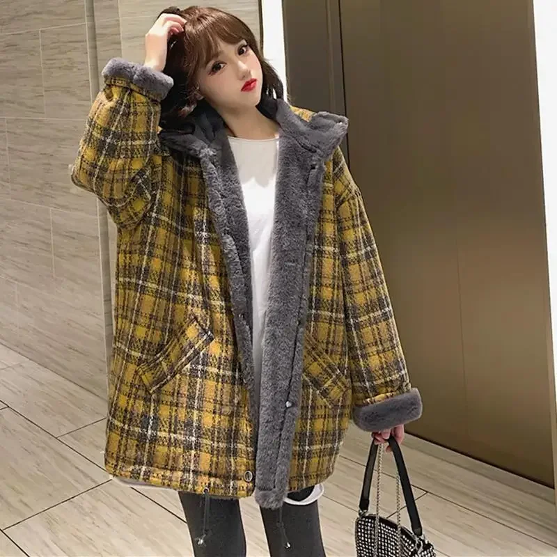 

New Winter Thicker Loose Plaid Coats Women Korean Style Fashion Woolen Single Breasted Office Lady Casual Basic Jackets Female