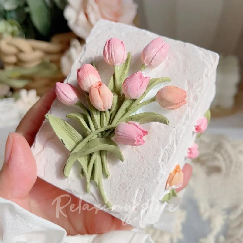 Tulip Flower Aromatherapy Plaster Decoration Rectangle Gypsum Storage Box Silicone Mold Concrete Vessel Container Mould