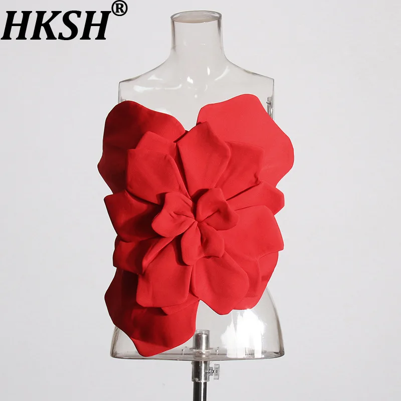 

HKSH Summer New Women Vest Three-Dimensional Flower Back Zipper Strapless Slim Fit Elegant Sexy Chic Tide Short Tank Top HK17091