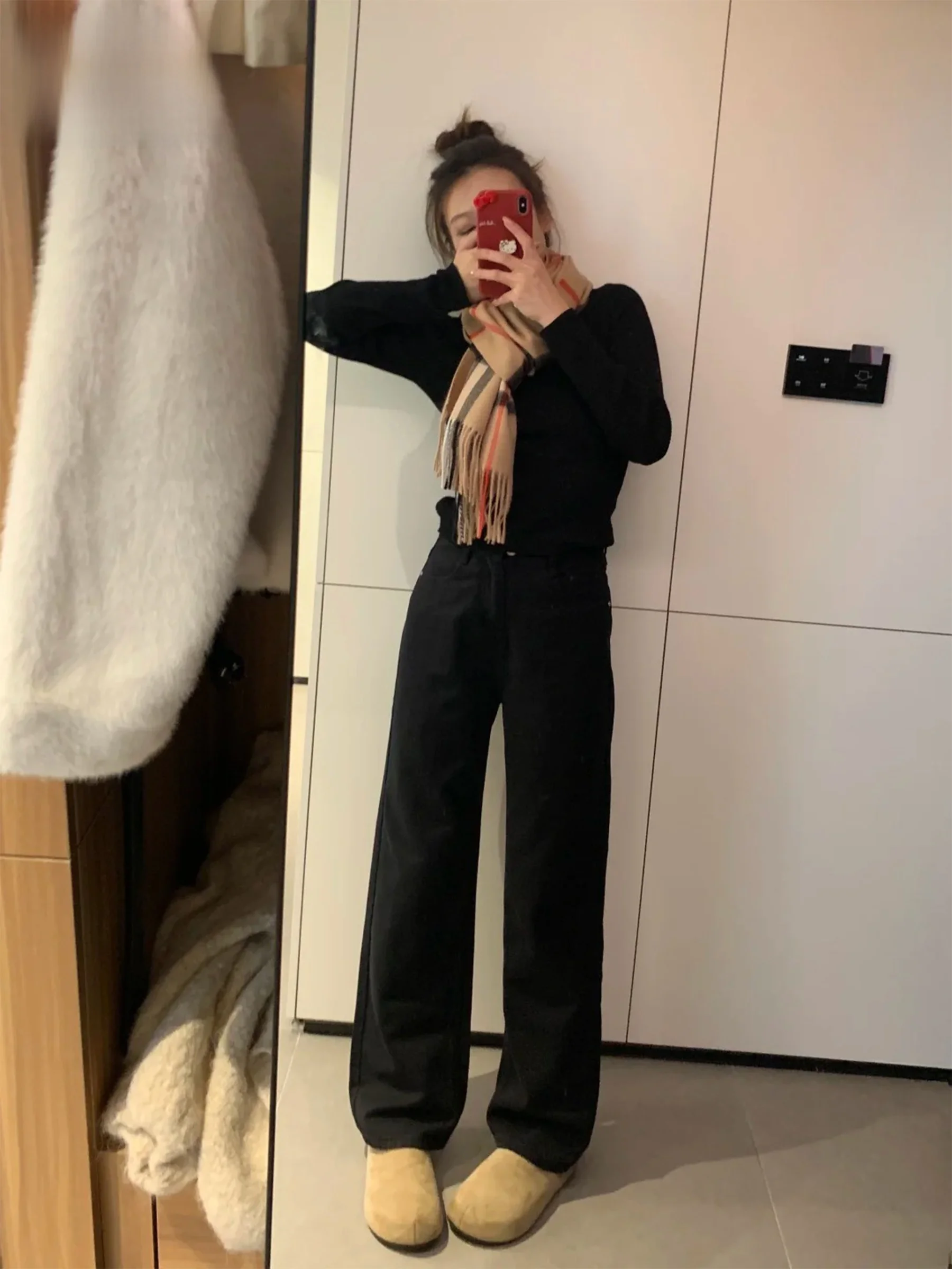 

Джинсы женские в американском стиле с высокой талией, широкими штанинами, черные, свободного прямого кроя, весенние, модные, повседневные, с высокой талией