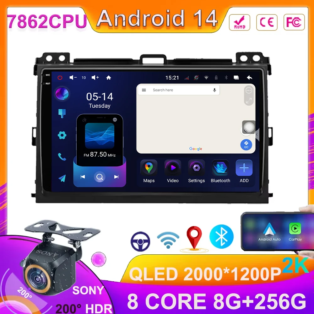

For Toyota LAND CRUISER Prado 120 2003-2009 Android 14 Autoradio Video Car DVD Auto Radio Stereo Head Unit Multimedia Player GPS