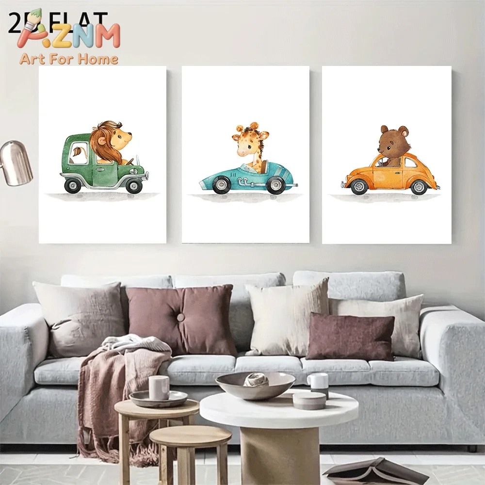 AZNM Watercolor Lion Giraffe Bear Driving Vintage Car Canvas Wall Art, Cute Animal Retro Automobile Cartoon Illustration Print P