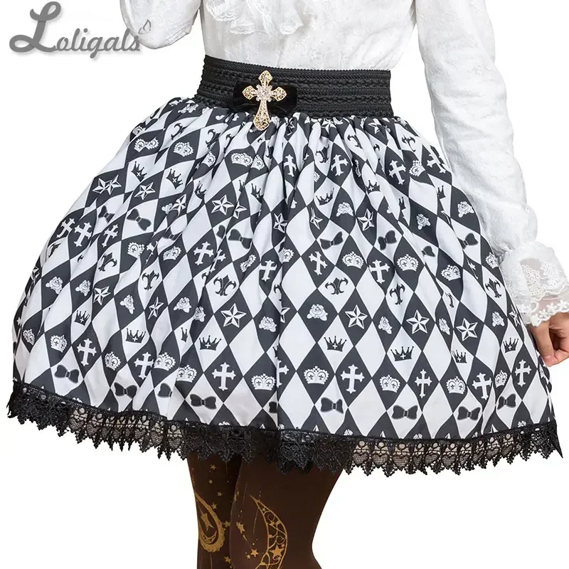 Sweet Mori Girl Elastic Waist Skirt Black and White Diamond Checkered Short Skirt for Summer