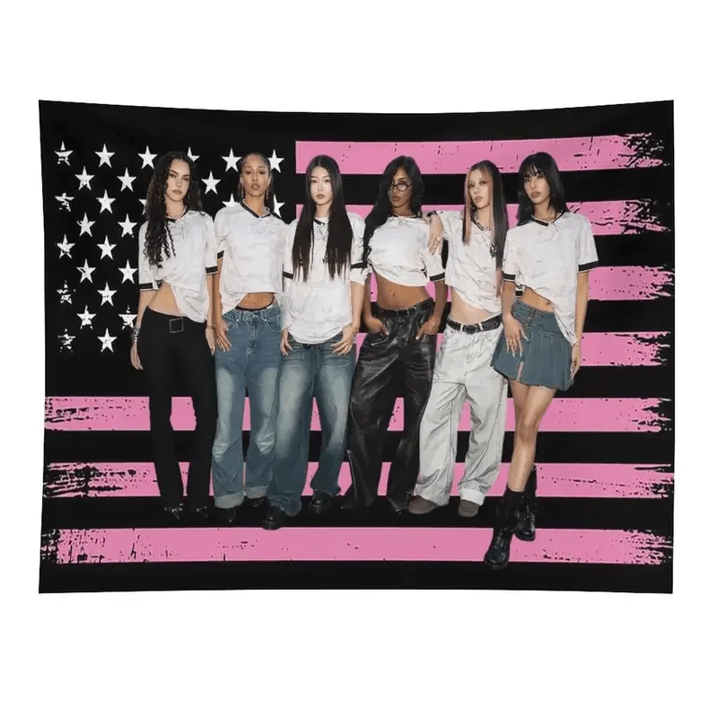Casey Flag Tapestry Group Portrait Wall Art for Bedroom Dorm Room Decor with Pink Flag Design