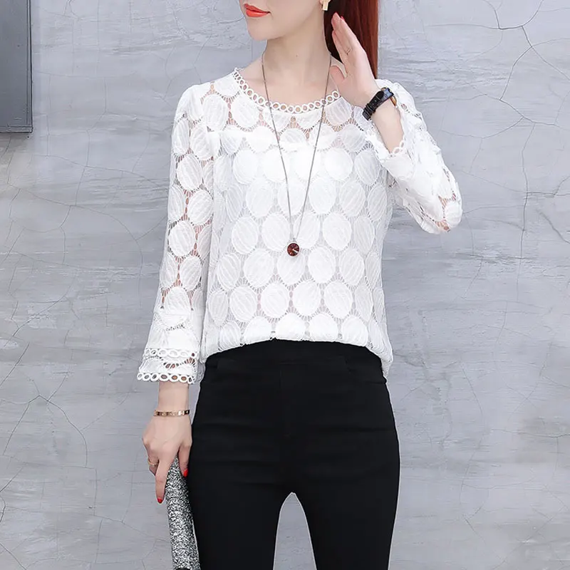 Stylish Polka Dot Spliced Hollow Out Blouse Casual 3/4 Sleeve Women\'s Clothing Spring Summer New Basic Round Neck Straight Shirt