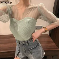 T-shirts Women Mesh Patchwork Sexy Knitted Short Sleeve Slim V-neck Summer Korean Fashion Spicy Girls Temperament Stylish Ins